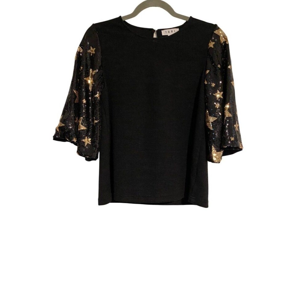 THML Top Women’s M Black Ribbed Shirt Gold Star Sequin Flutter Sleeves Sparkle